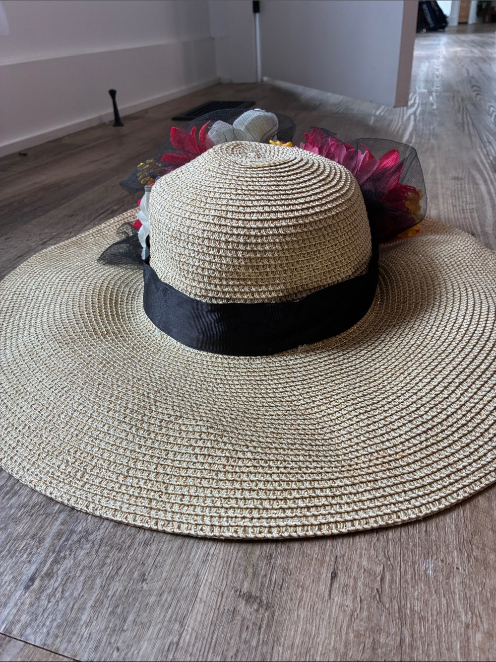 Straw Wide-Brim Sun Hat with Black Band and Pink Floral Trim